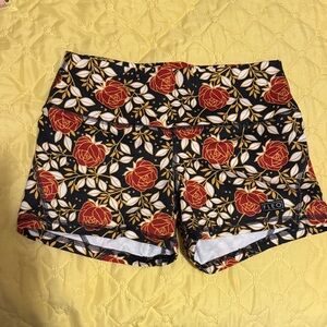 Fleo Women's Red and Gold Floral Athletic Shorts